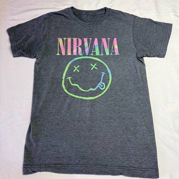 Nirvana Smiley Face T-Shirt Small Gray Colorful Graphic Tee Grunge Rock Band 90s - Picture 2 of 7